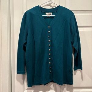 Vintage Top Ten Teal Button Up Ribbed 3/4 Length Sleeve Cardigan - Size Medium